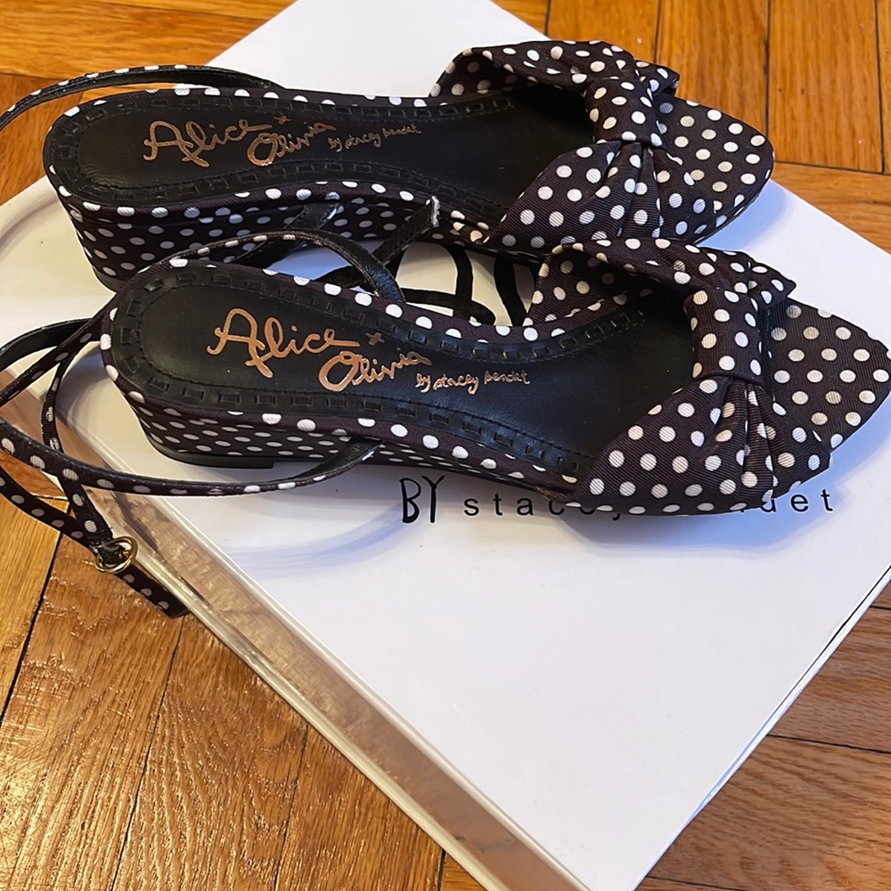 Alice and Olivia Alexi Polka- Dot Faille Low-Wedge Sandals